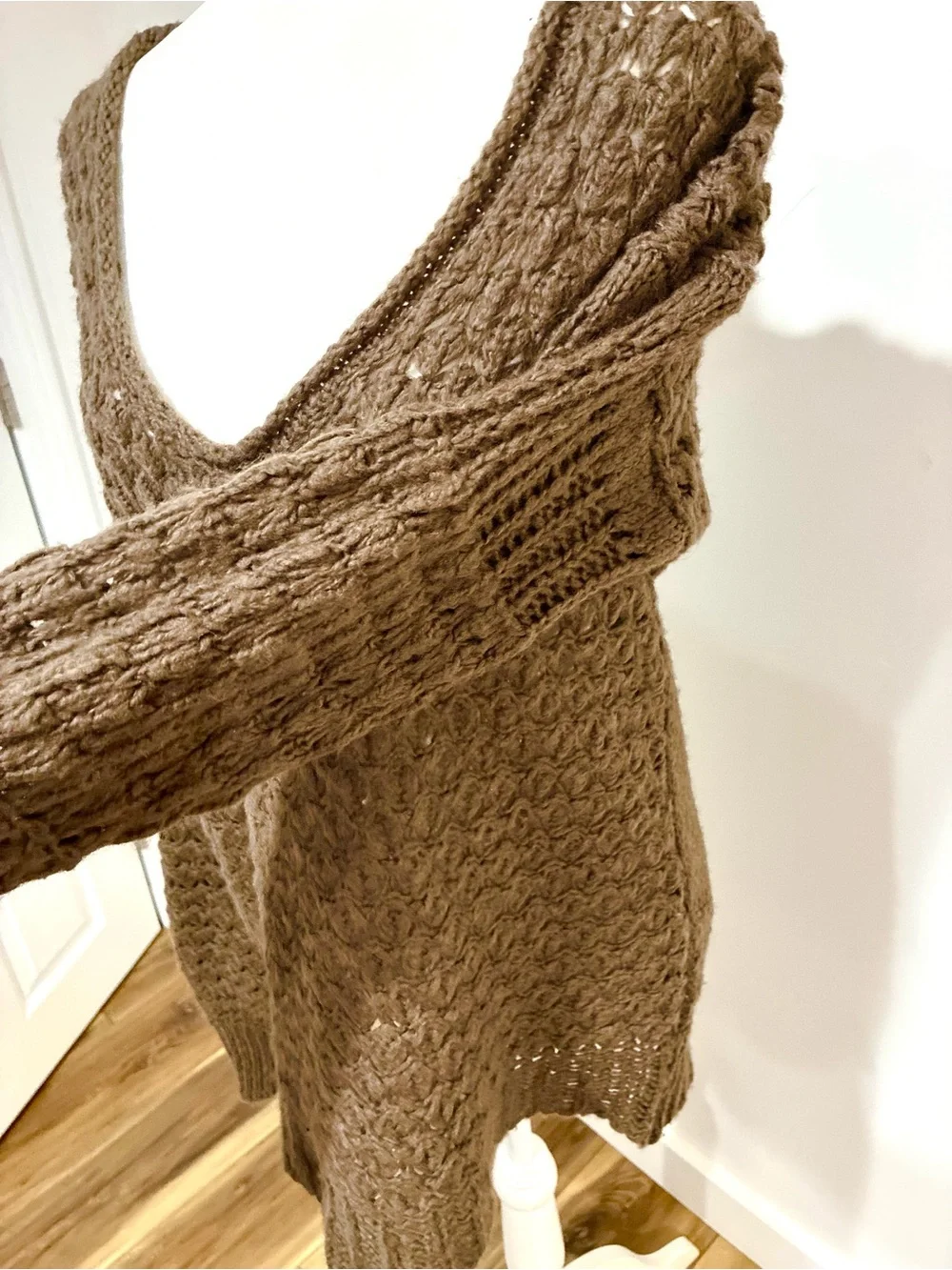 Free People Brown Open-Weave Crochet Knit Scoop Neck Sweater XS